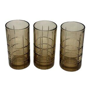 VTG Anchor Hocking Tartan Smoke Brown Tea Tumblers Set of 3 MCM 3"x6" Glasses